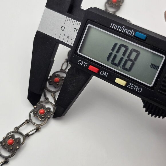 Antique 800 Silver Floral Link Bracelet 7.25" Red Coral Accents *48 DA Hallmark - Picture 12 of 15